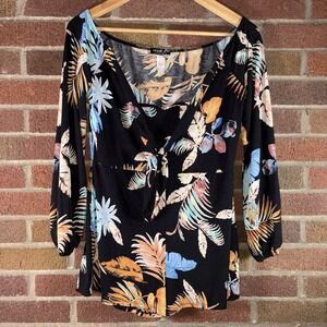 Size XL - Fashion Nova Floral Tropical Print 3/4 Sleeve Tie Blouse Top